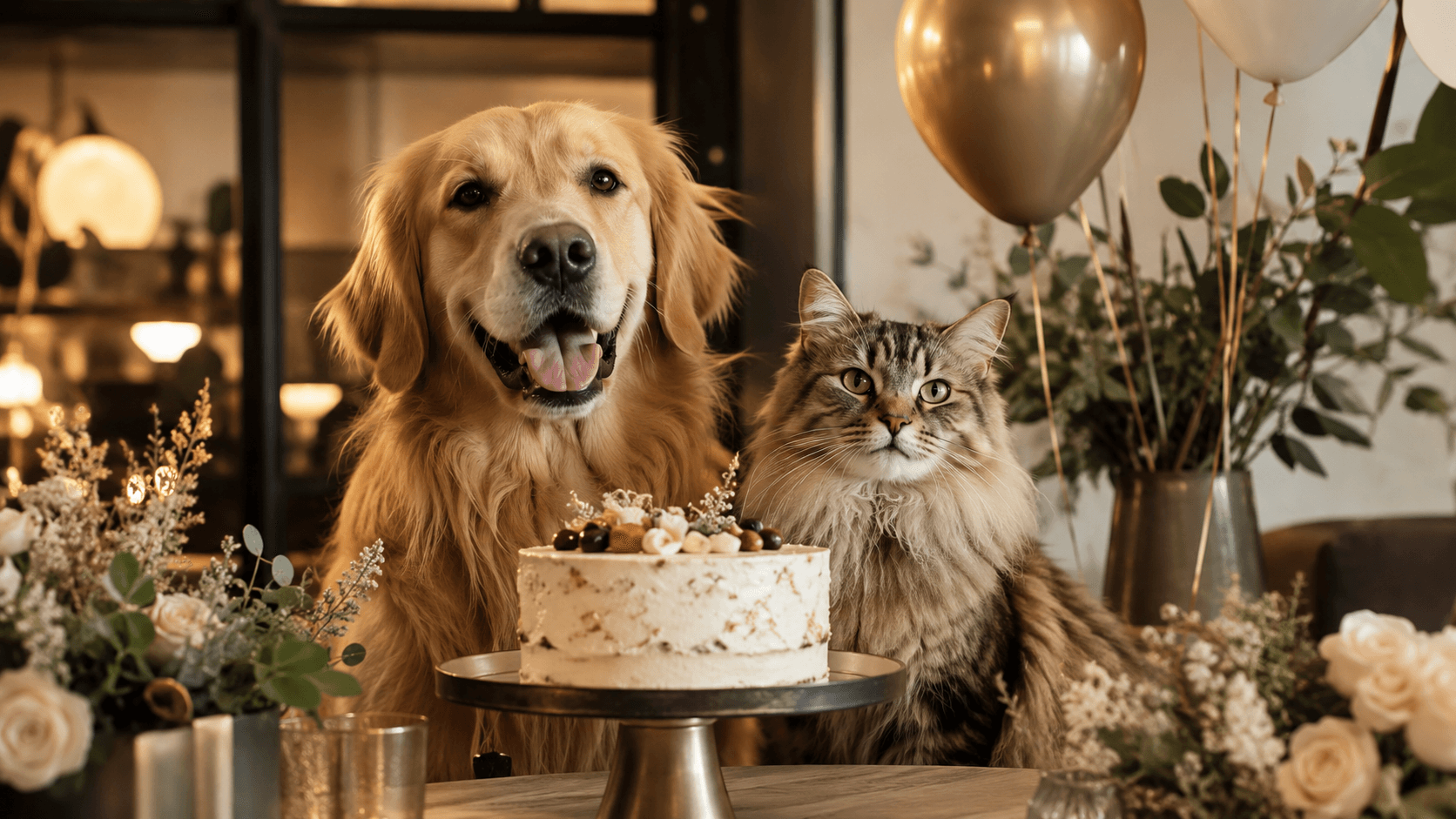 Celebración elegante para mascotas de Peluditos Felices