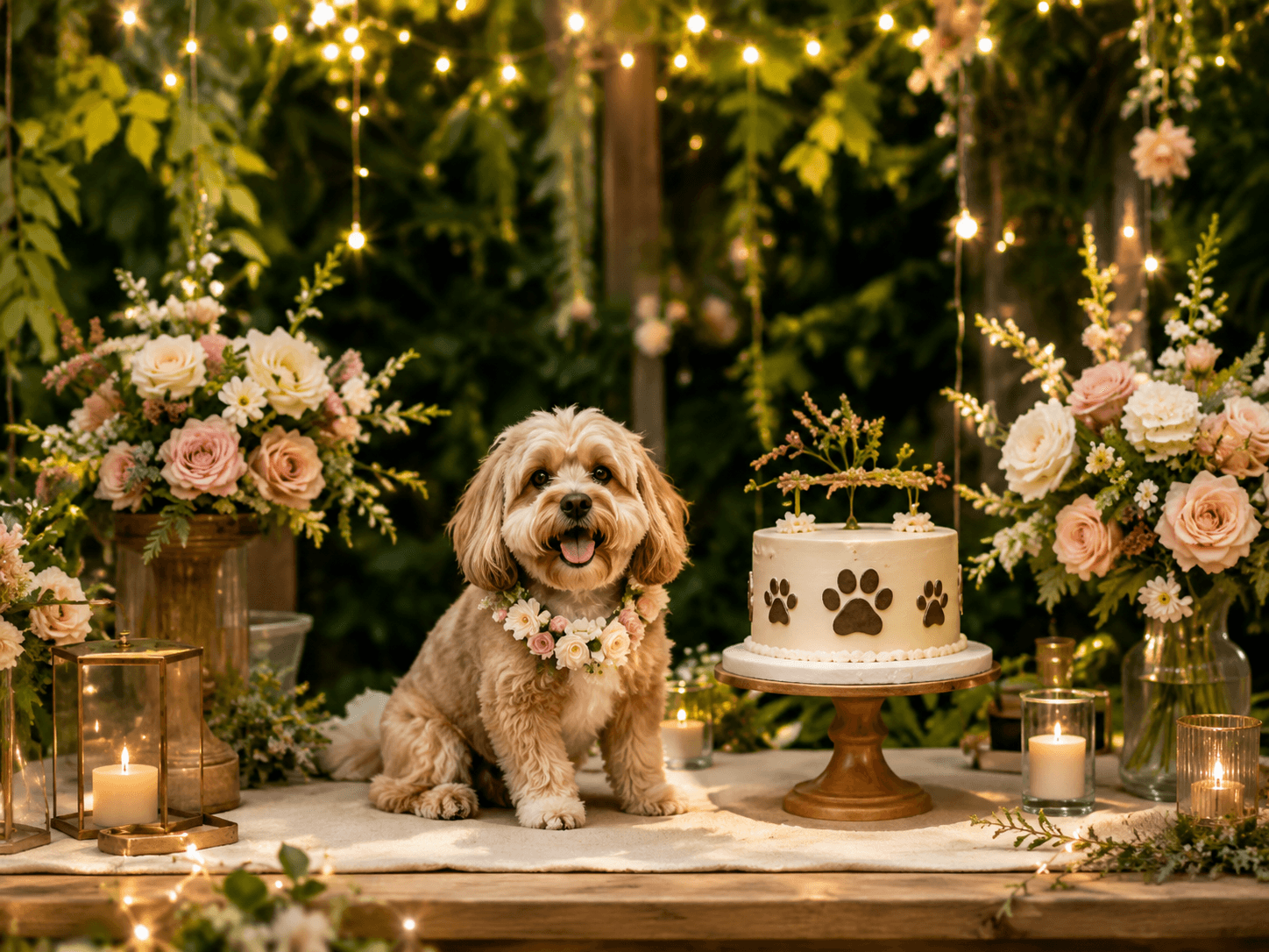 Fiesta boutique para mascotas en jardín romántico