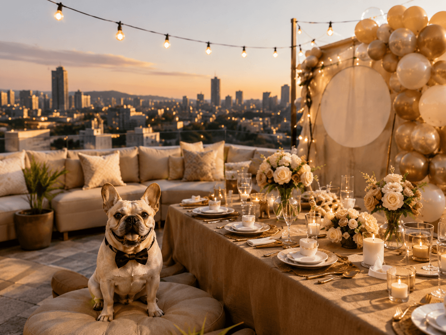 Fiesta boutique para mascotas en terraza al atardecer
